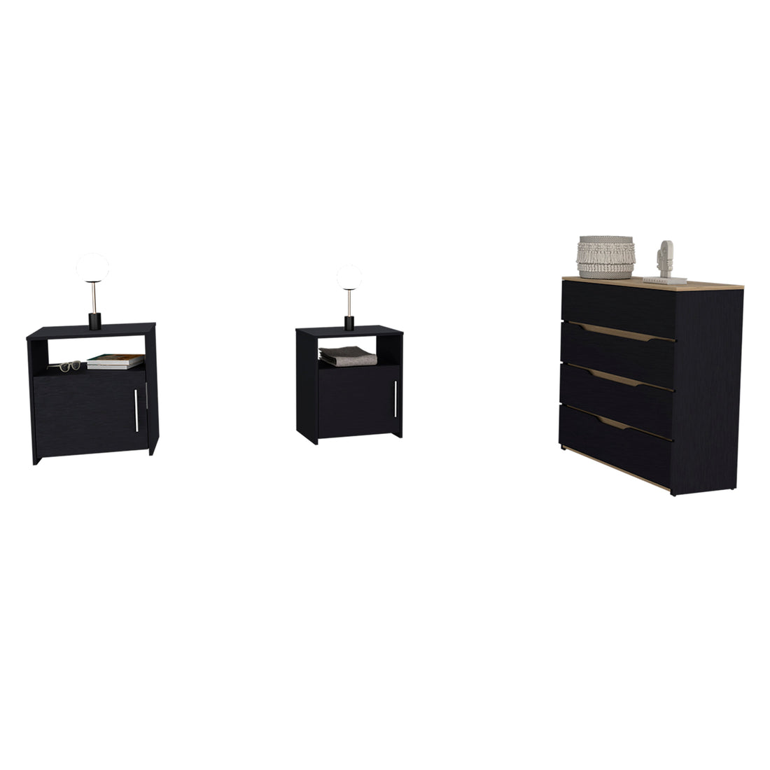 3 Piece Bedroom Set, Aralia Drawer Dresser, 2 Omaha Nightstands, Black Light Oak Black Particle Board Particle Board