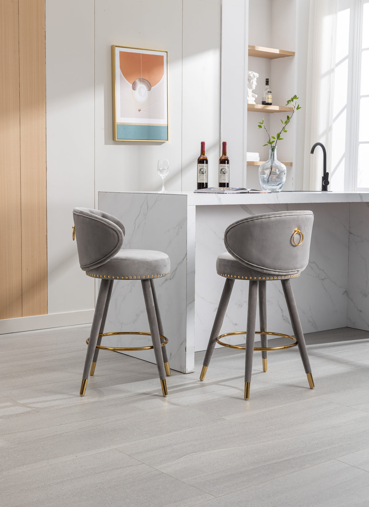 Coolmore Counter Height Bar Stools Set Of 2 For Kitchen Counter Solid Wood Legs With A Fixed Height Of 360 Degrees Gray Velvet
