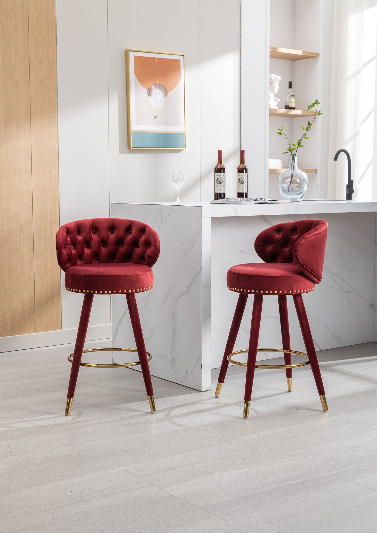 Coolmore Counter Height Bar Stools Set Of 2 For Kitchen Counter Solid Wood Legs With A Fixed Height Of 360 Degrees Claret Red Velvet