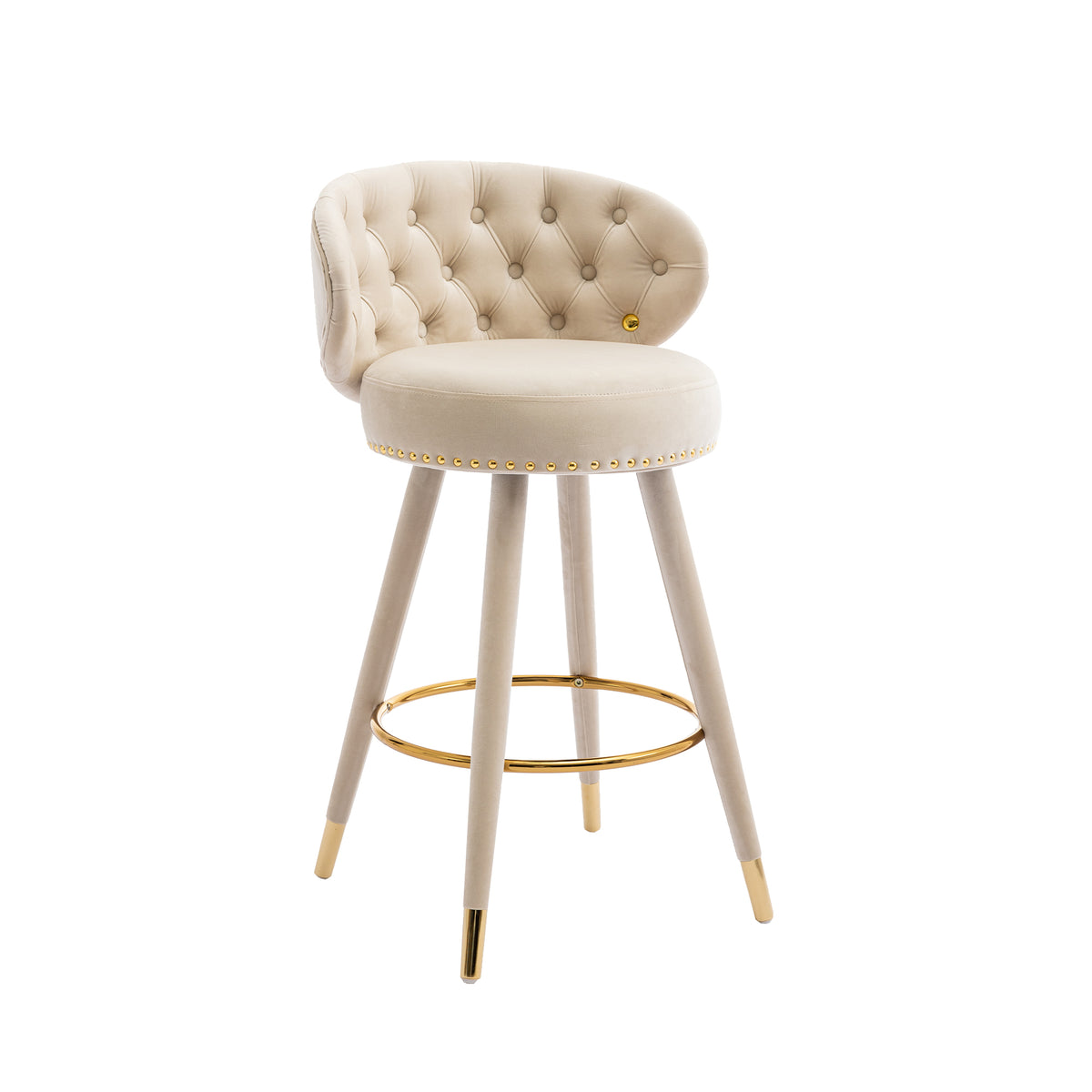 Coolmore Counter Height Bar Stools Set Of 2 For Kitchen Counter Solid Wood Legs With A Fixed Height Of 360 Degrees Beige Velvet