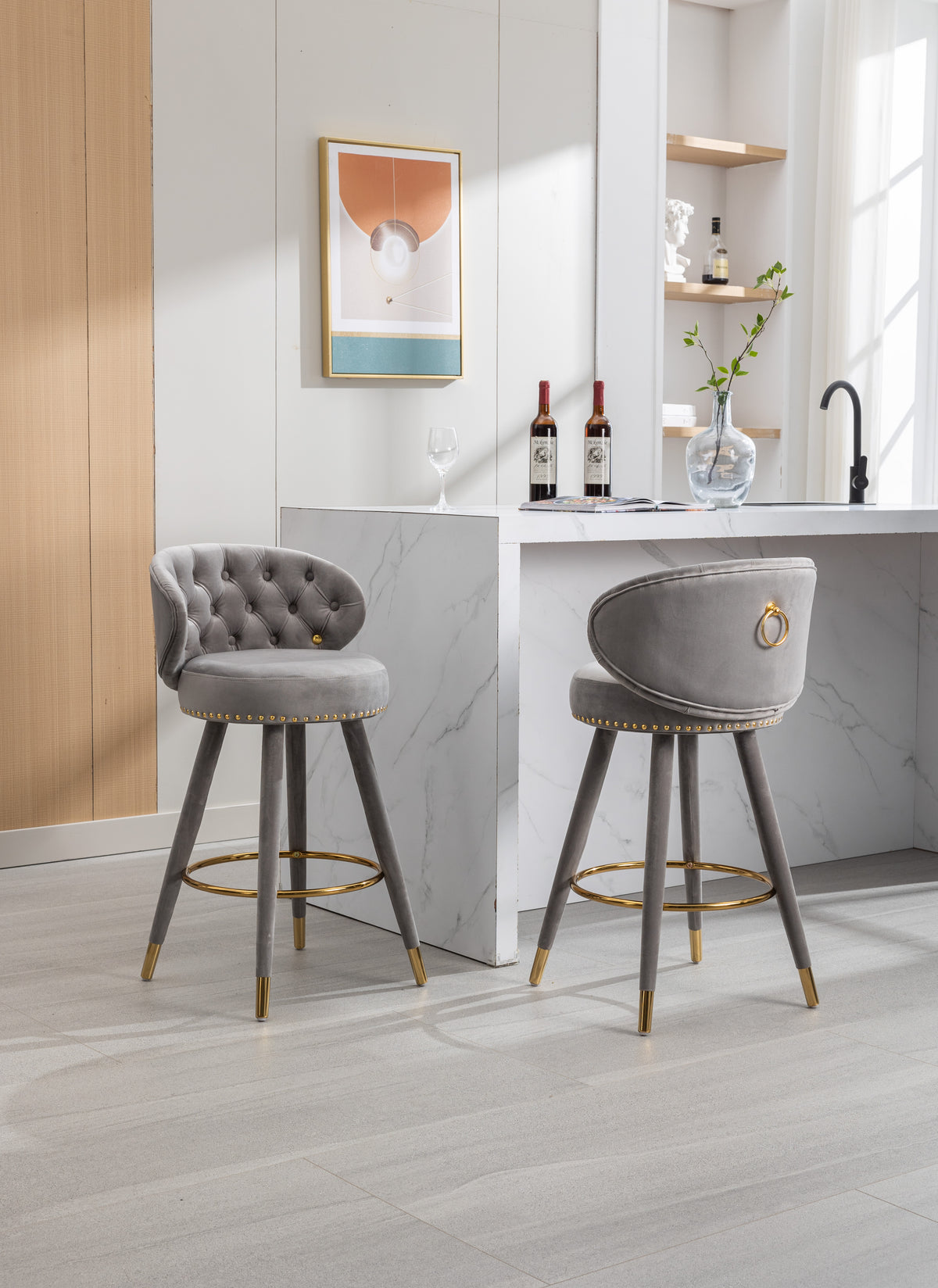 Coolmore Counter Height Bar Stools Set Of 2 For Kitchen Counter Solid Wood Legs With A Fixed Height Of 360 Degrees Gray Velvet