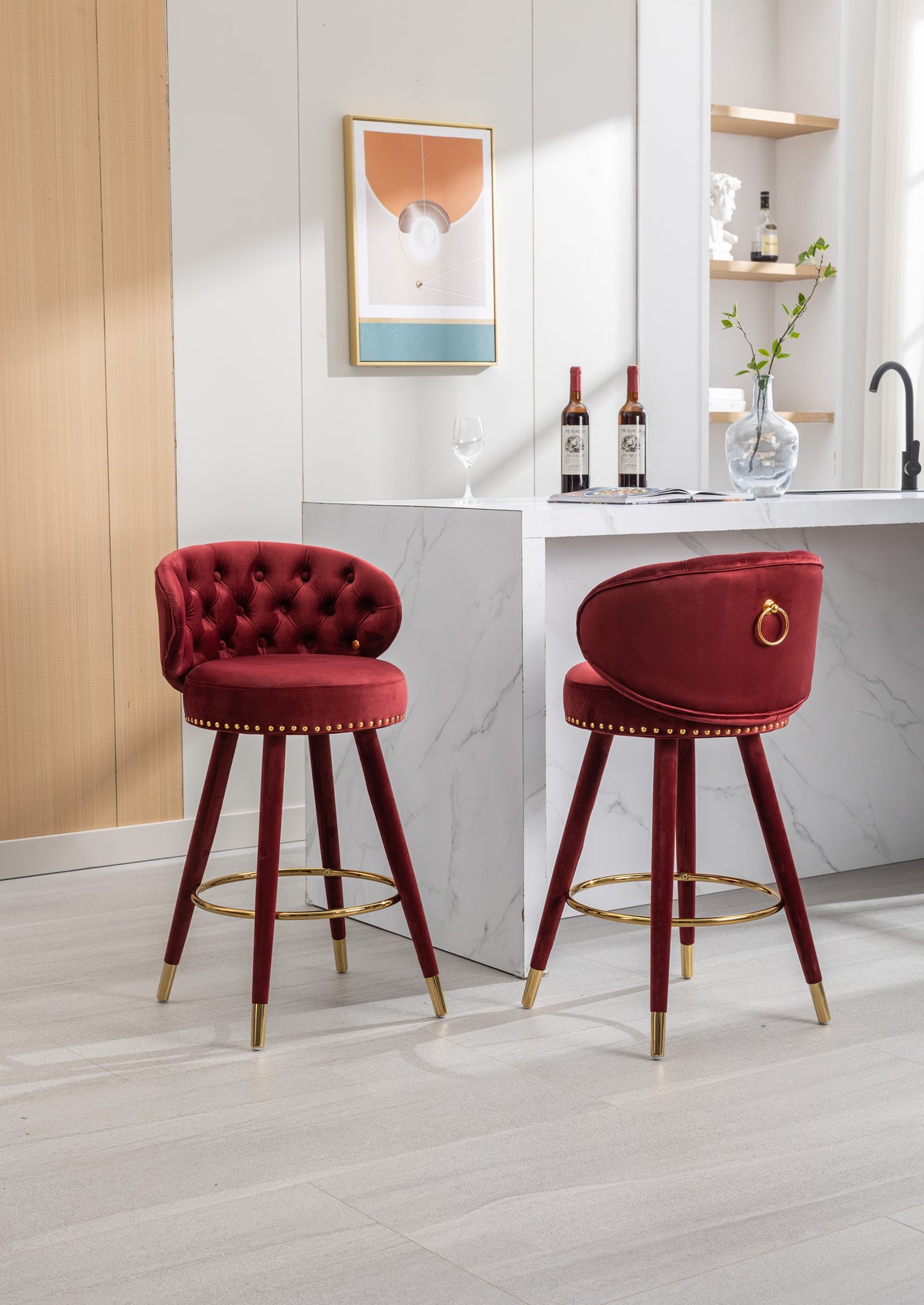 Coolmore Counter Height Bar Stools Set Of 2 For Kitchen Counter Solid Wood Legs With A Fixed Height Of 360 Degrees Claret Red Velvet