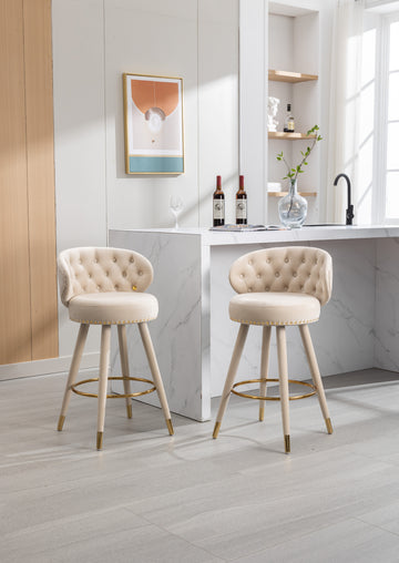 Coolmore Counter Height Bar Stools Set Of 2 For Kitchen Counter Solid Wood Legs With A Fixed Height Of 360 Degrees Beige Velvet