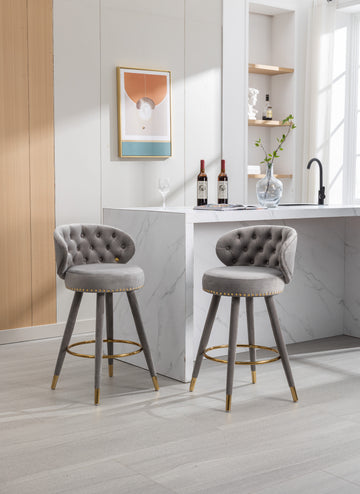 Coolmore Counter Height Bar Stools Set Of 2 For Kitchen Counter Solid Wood Legs With A Fixed Height Of 360 Degrees Gray Velvet