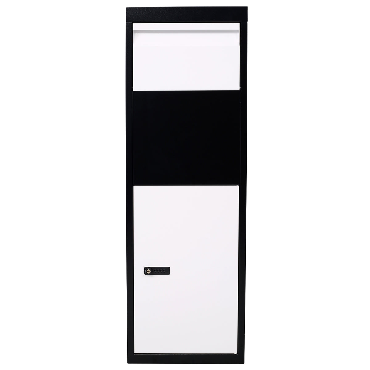 Package Delivery Box, 14'' X 11.3'' X 42'', Galvanized Steel Parcel Mailbox W Code Lock & Mounting Hardware, For Outdoor Porch, Curbside, Black And White White Black Steel