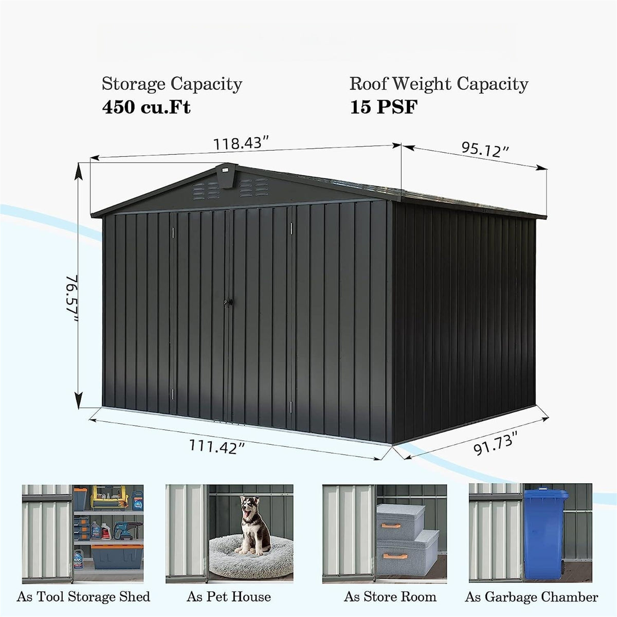 Outdoor Storage Shed 10'X 8', Metal Garden Shed For Bike, Trash Can, Tools, Galvanized Steel Outdoor Storage Cabinet With Lockable Door For Backyard, Patio, Lawn 10X8Ft, Black Black Metal