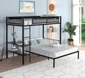 Metal Twin Over Full Bunk With Shelves & Grid Panel Sturdy Metal Bed Frame Noise Free Wood Slats Comfortable Textilene Guardrail Built In 2 Tier Shelves & Grid Panel Separated Full Size Bed Box Spring Not Required Black Metal Bedroom Bunk Steel