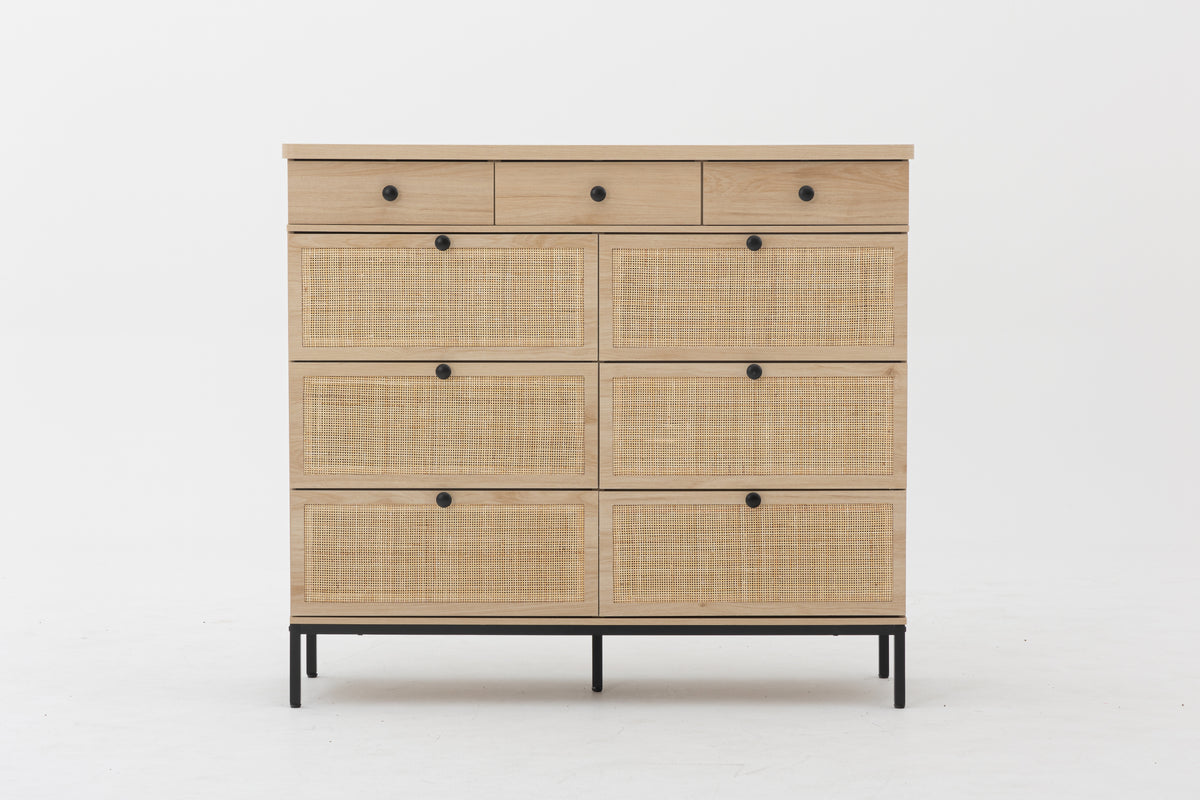 Rattan 9 Drawer Dresser For Bedroom, 60 Inch Wide Rustic Wood Dresser Tv Stand, Dresser Chest Of Drawers For Closet, Living Room, Hallway, Dark Rustic Oak Rattan Mdf Steel
