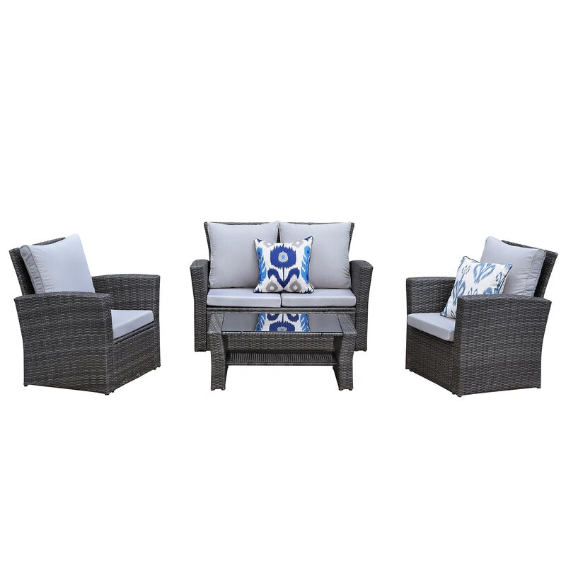 4 Pieces Pe Rattan Wicker Outdoor Patio Furniture Set With Grey Cushions Grey Wicker