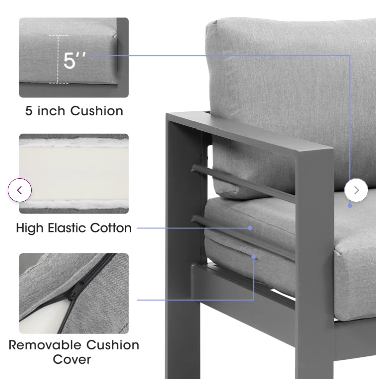 3 Pieces Outdoor All Weather Conversation Setsectional Sofa, Corner Sofas, Grey Aluminum With Dark Grey Cushions Dark Grey Aluminum