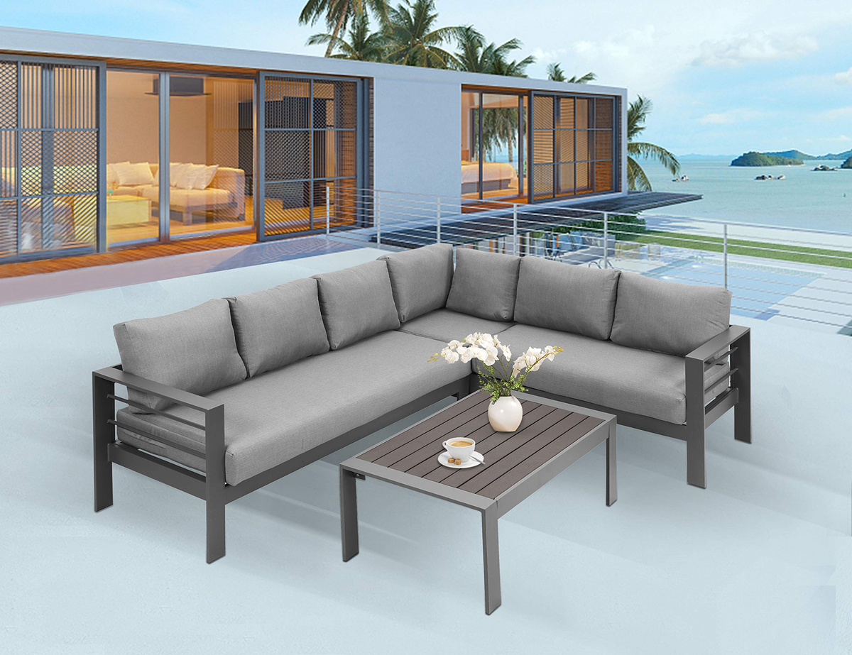 3 Pieces Outdoor All Weather Conversation Setsectional Sofa, Corner Sofas, Grey Aluminum With Dark Grey Cushions Dark Grey Aluminum