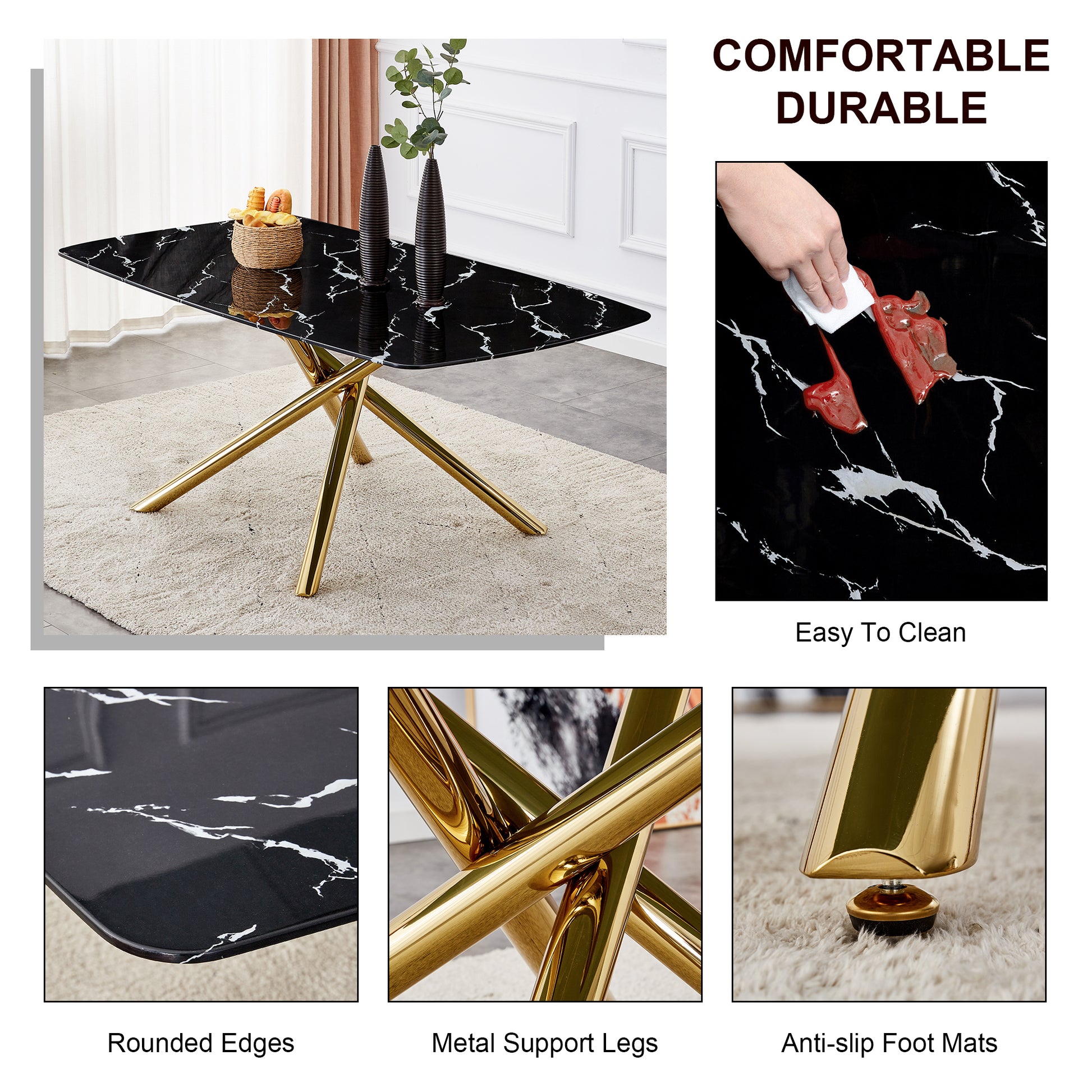 Large Modern Minimalist Rectangular Dining Table With 0.39 "Imitation Marble Black Tabletop And Golden Metal Legs, For Kitchen Dining Living Meeting Room Banquet Hall 1537 Black Glass