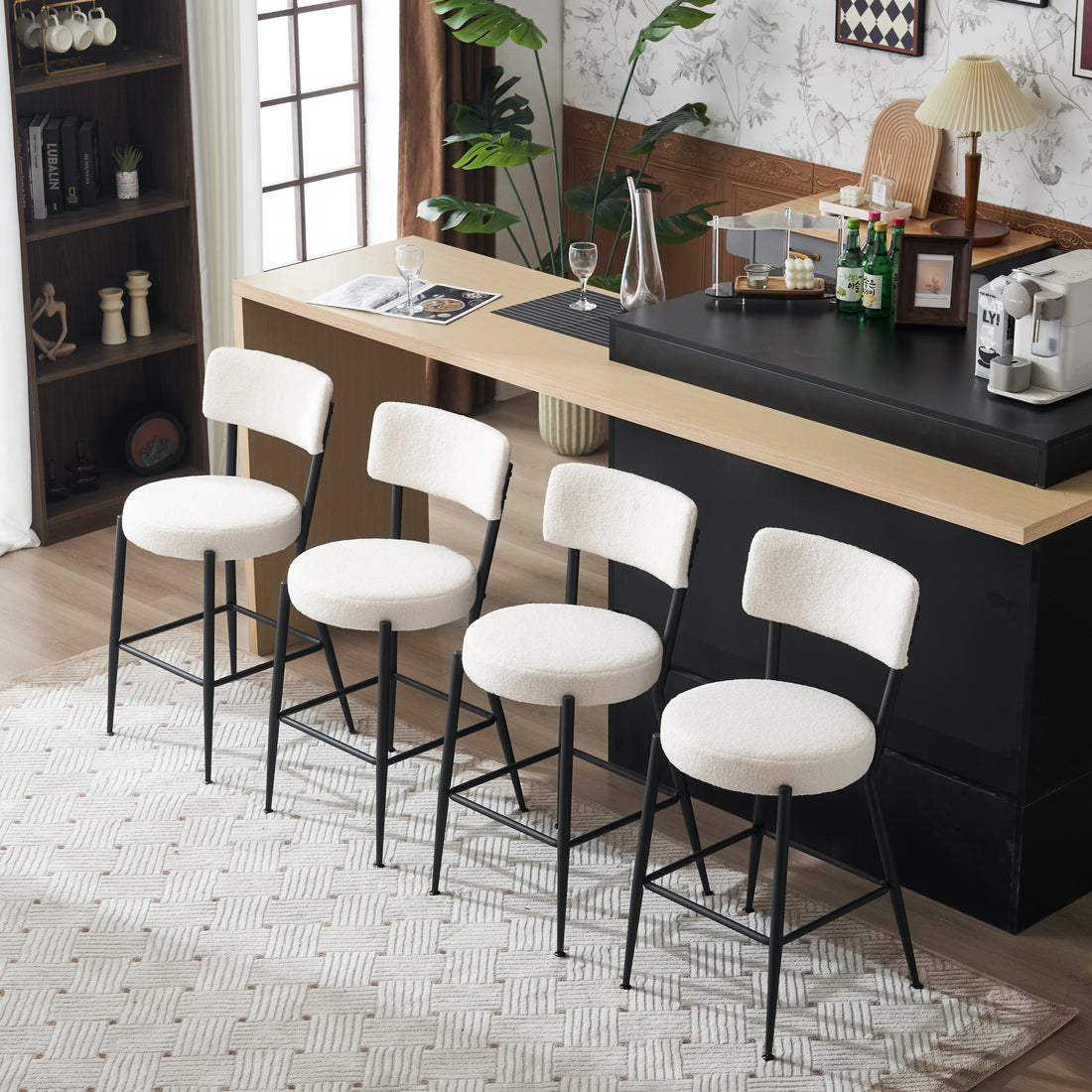 Set Of 4 Modern Teddy Fabric Upholstered Bar Stools Metal Base High Stool Suitable For Kitchen, Dining And Living Room Beige Stylish And Comfortable Island Seating Beige Metal