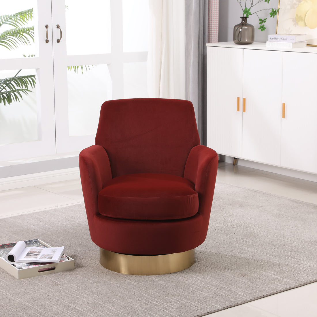 Velvet Swivel Barrel Chair, Swivel Accent Chairs Armchair For Living Room, Reading Chairs For Bedroom Comfy, Round Barrel Chairs With Gold Stainless Steel Base Brownish Red Red Primary Living Space American Design Foam Velvet