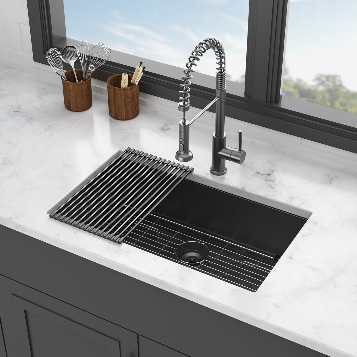 Gunmetal Black Kitchen Sink 30"X 18"X 9" Undermount Singel Bowl Kitchen Basin 18 Gauge Stainless Steel With 9 Inch Deep Gunmetal Black Stainless Steel