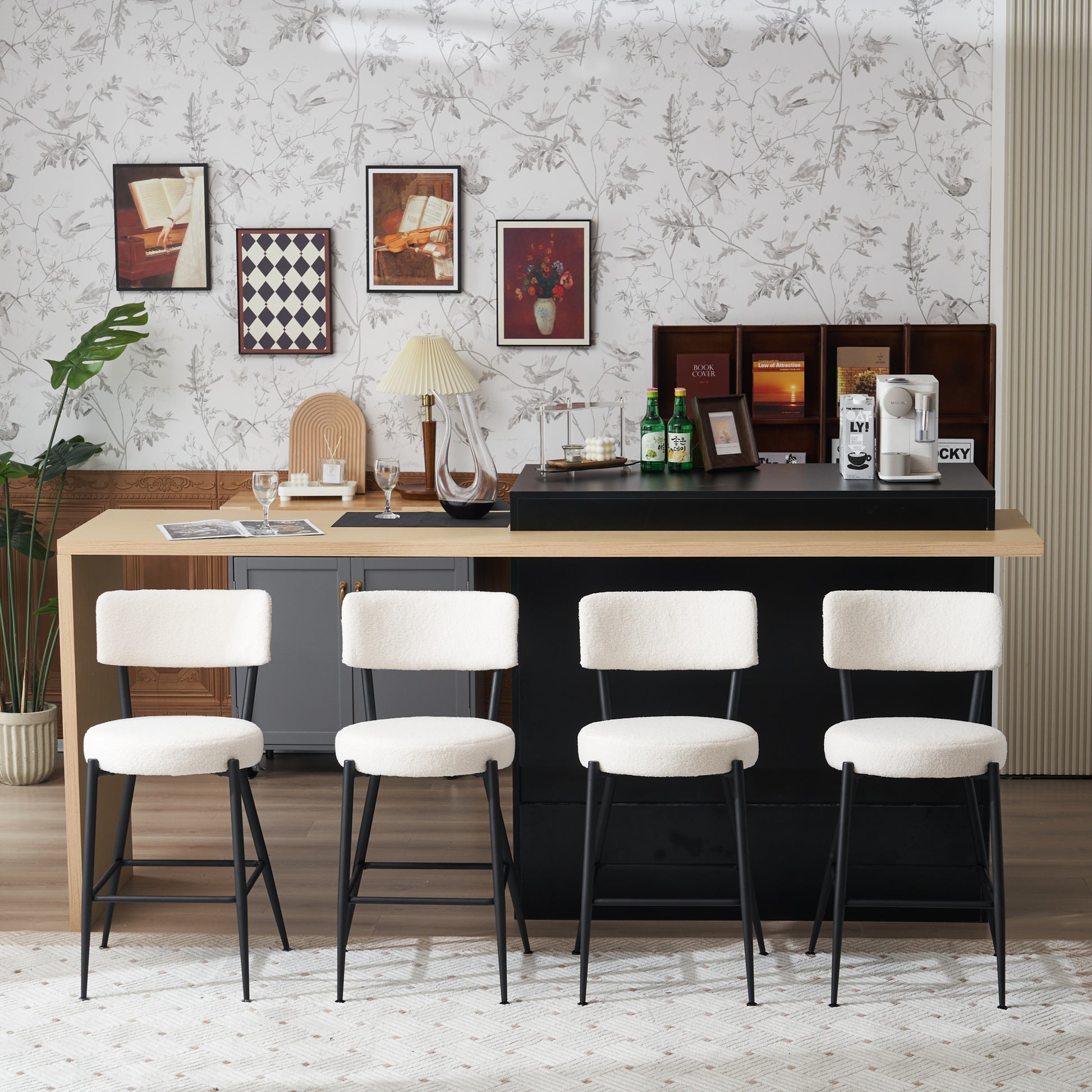 Set Of 2 Modern Teddy Fabric Upholstered Bar Stools Metal Base High Stool Suitable For Kitchen, Dining And Living Room Beige Stylish And Comfortable Island Seating Beige Metal