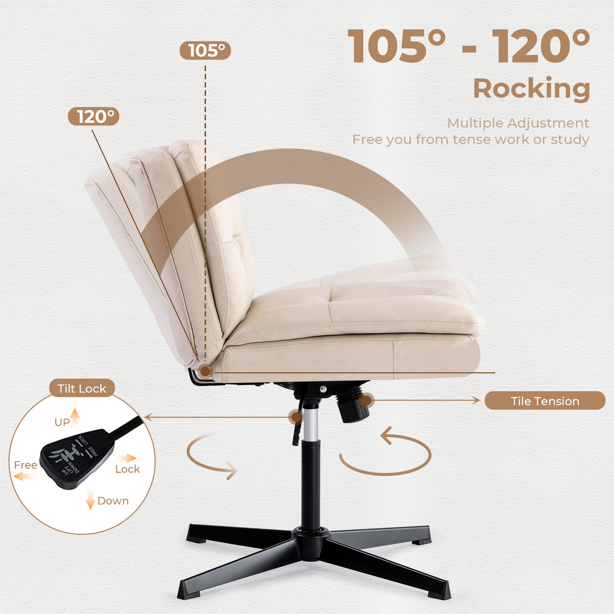 Large Size Armless Home Office Desk Chair Vanity Chair No Wheels Wood Beige Primary Living Space Foam American Design,Casual,Contemporary,Minimalist,Modern Handle Office Chairs Solid Back Foam Adjustable Height Leather