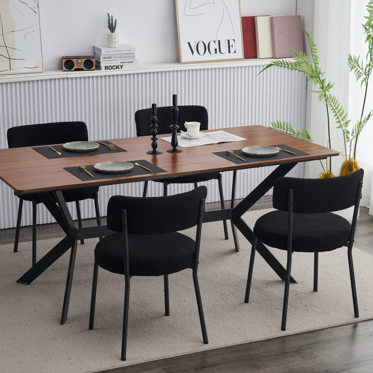 Set Of 2 Mid Century Modern Dining Chairs Teddy Fabric Upholstery Curved Back Metal Frame Black Elegant And Comfortable Kitchen Chairs Black Metal