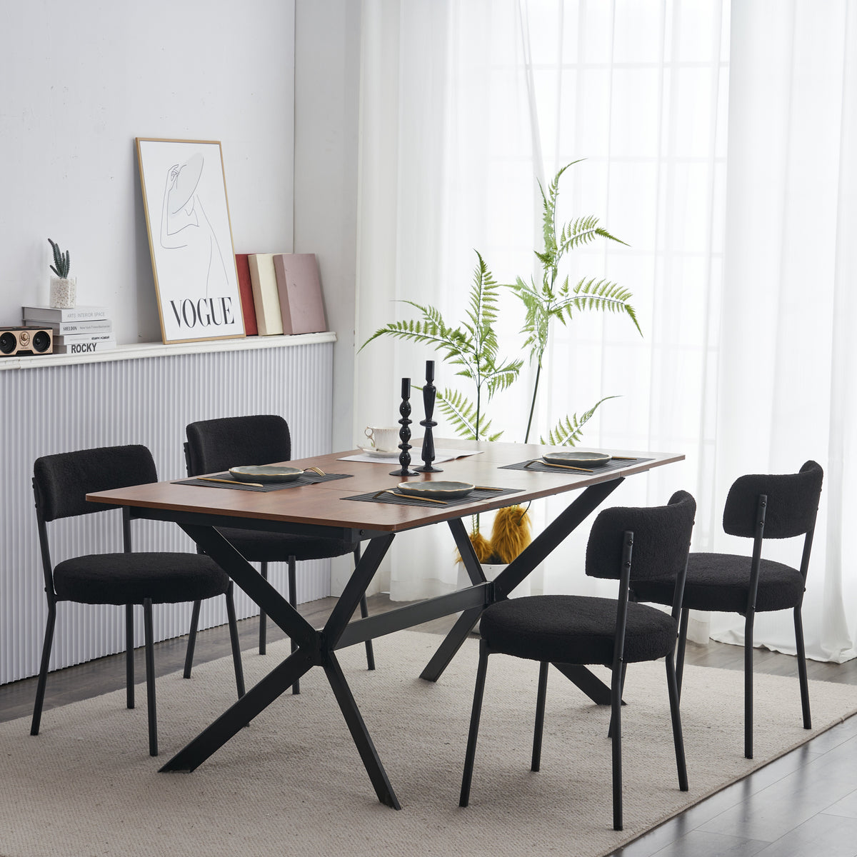 Set Of 2 Mid Century Modern Dining Chairs Teddy Fabric Upholstery Curved Back Metal Frame Black Elegant And Comfortable Kitchen Chairs Black Metal