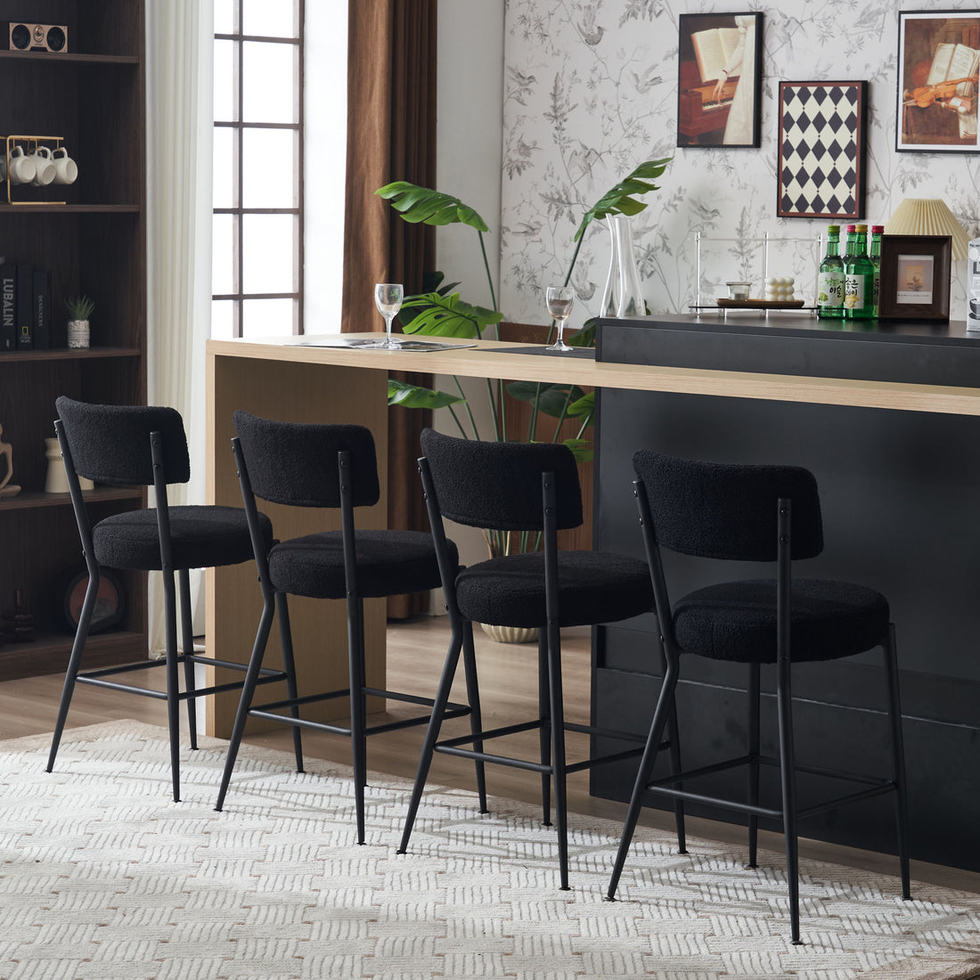 Set Of 2 Modern Teddy Fabric Upholstered Bar Stools Metal Base High Stool Suitable For Kitchen, Dining And Living Room Black Stylish And Comfortable Island Seating Black Metal