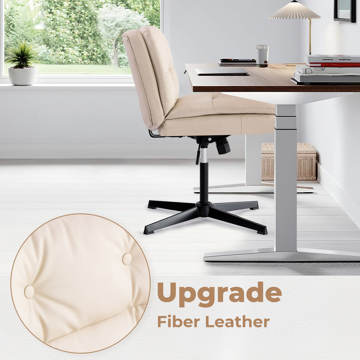 Large Size Armless Home Office Desk Chair Vanity Chair No Wheels Wood Beige Primary Living Space Foam American Design,Casual,Contemporary,Minimalist,Modern Handle Office Chairs Solid Back Foam Adjustable Height Leather