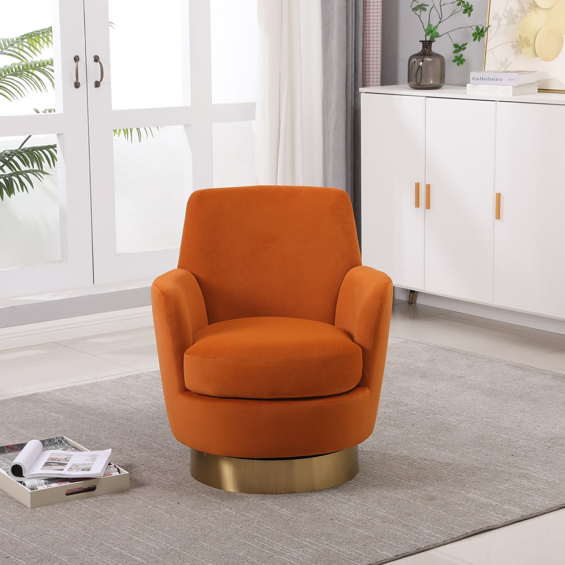 Velvet Swivel Barrel Chair, Swivel Accent Chairs Armchair For Living Room, Reading Chairs For Bedroom Comfy, Round Barrel Chairs With Gold Stainless Steel Base Orange Orange Primary Living Space American Design Foam Velvet