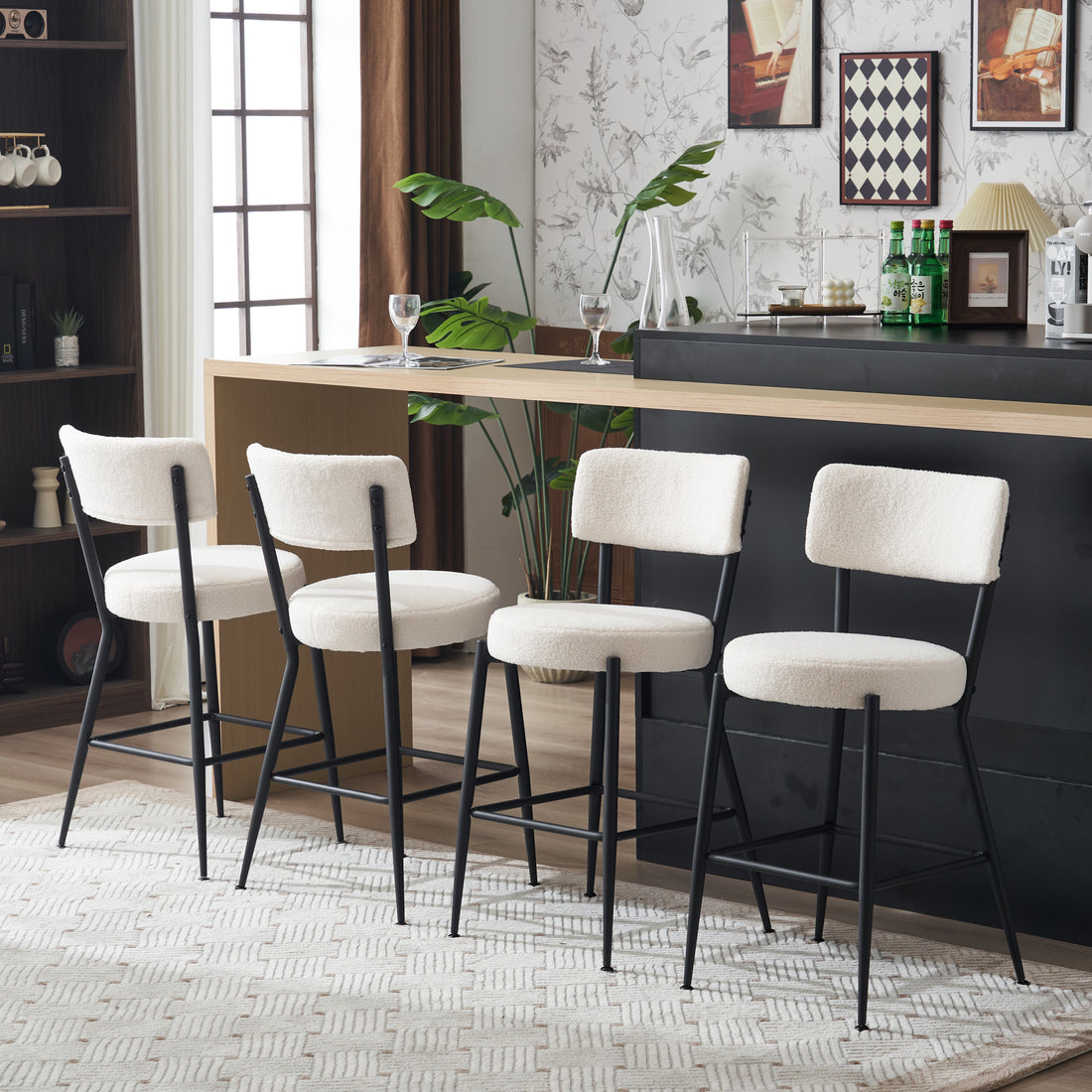 Set Of 2 Modern Teddy Fabric Upholstered Bar Stools Metal Base High Stool Suitable For Kitchen, Dining And Living Room Beige Stylish And Comfortable Island Seating Beige Metal