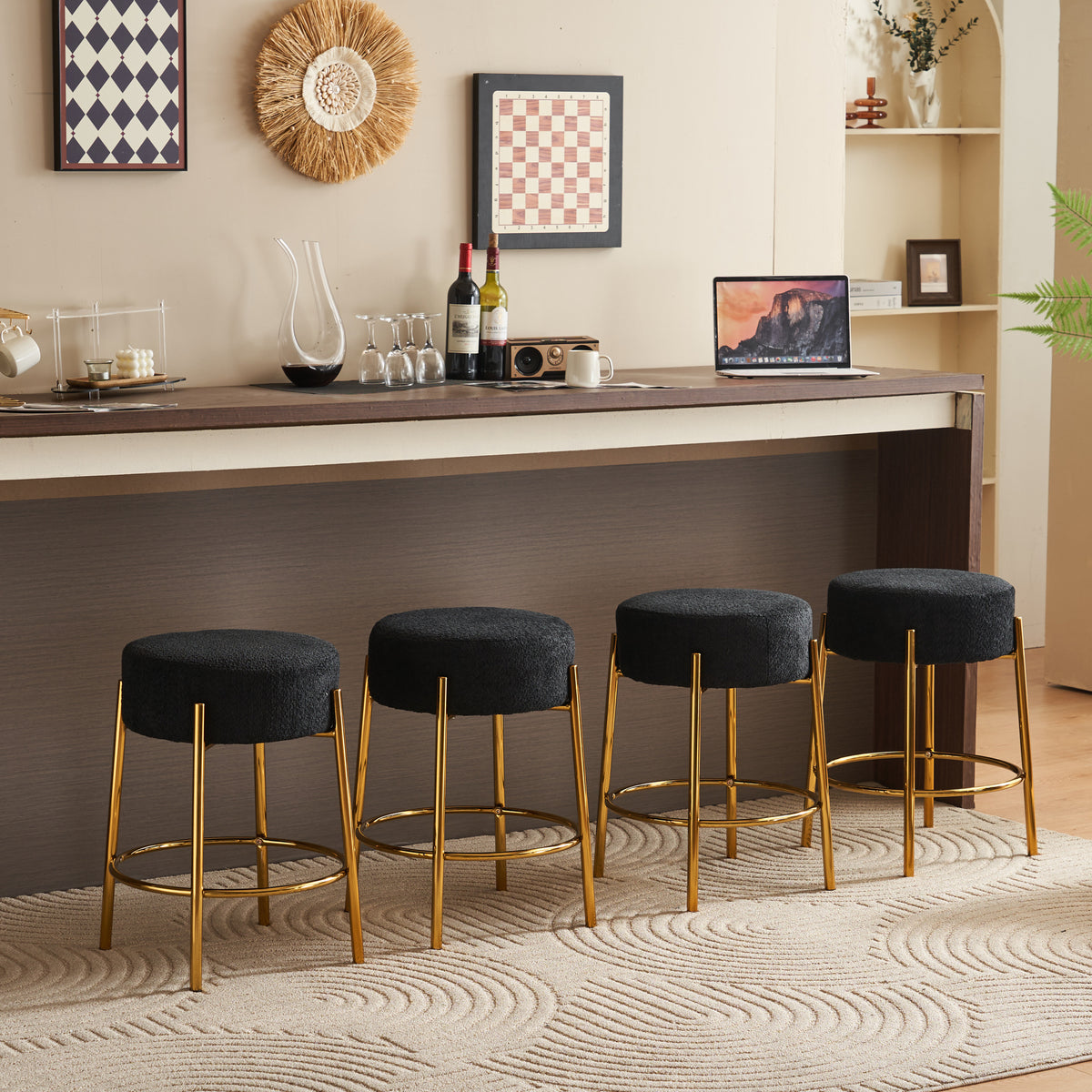 24" Tall, Round Bar Stools, Set Of 2 Contemporary Upholstered Dining Stools For Kitchens, Coffee Shops And Bar Stores Includes Sturdy Hardware Support Legs Black Foam
