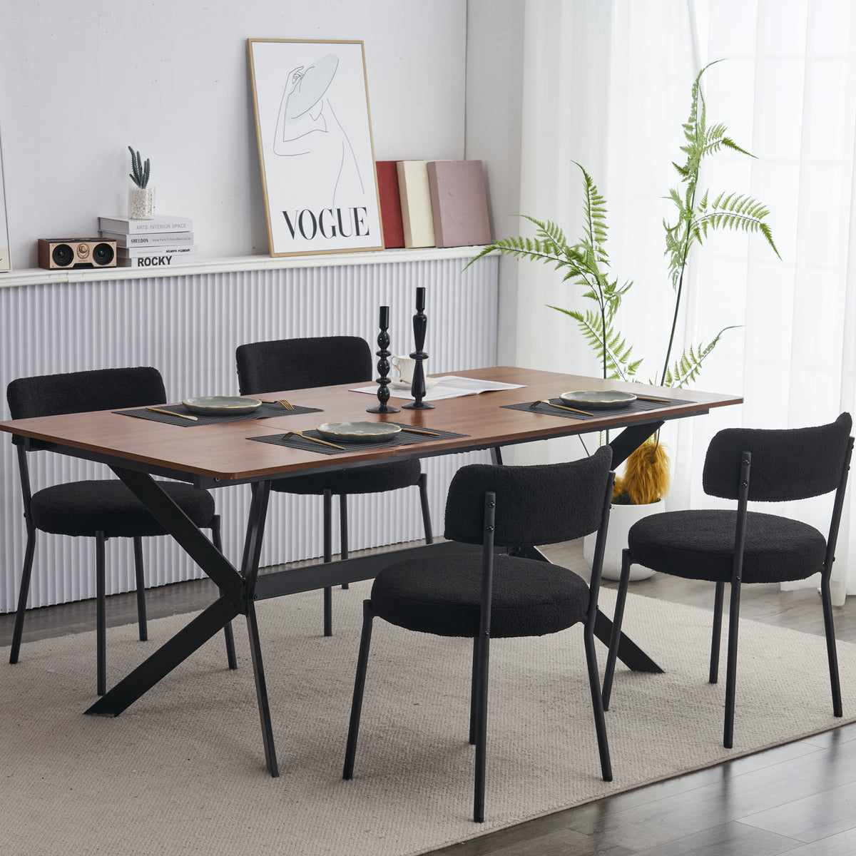 Set Of 2 Mid Century Modern Dining Chairs Teddy Fabric Upholstery Curved Back Metal Frame Black Elegant And Comfortable Kitchen Chairs Black Metal