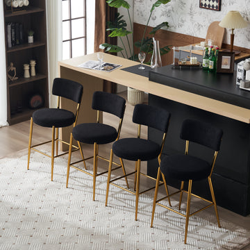 Set Of 4 Modern Teddy Fabric Upholstered Bar Stools Metal Base High Stool Suitable For Kitchen, Dining And Living Room Black Stylish And Comfortable Island Seating Black Metal