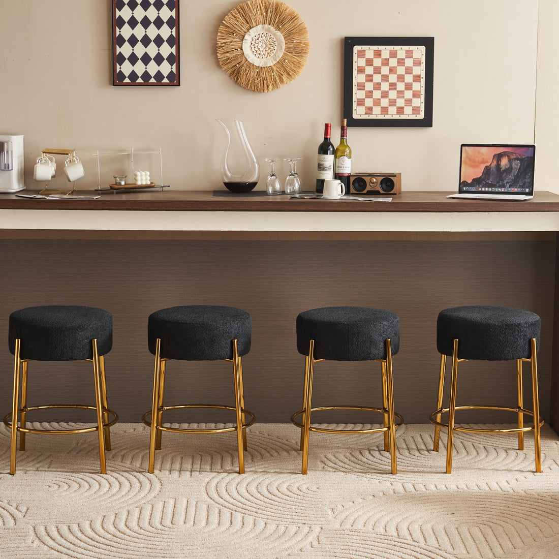 24" Tall, Round Bar Stools, Set Of 2 Contemporary Upholstered Dining Stools For Kitchens, Coffee Shops And Bar Stores Includes Sturdy Hardware Support Legs Black Foam