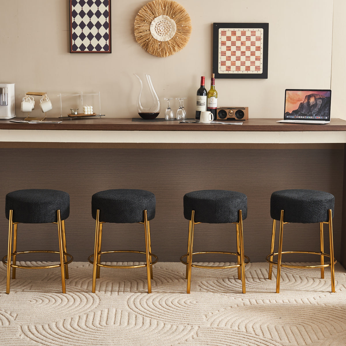 24" Tall, Round Bar Stools, Set Of 2 Contemporary Upholstered Dining Stools For Kitchens, Coffee Shops And Bar Stores Includes Sturdy Hardware Support Legs Black Foam