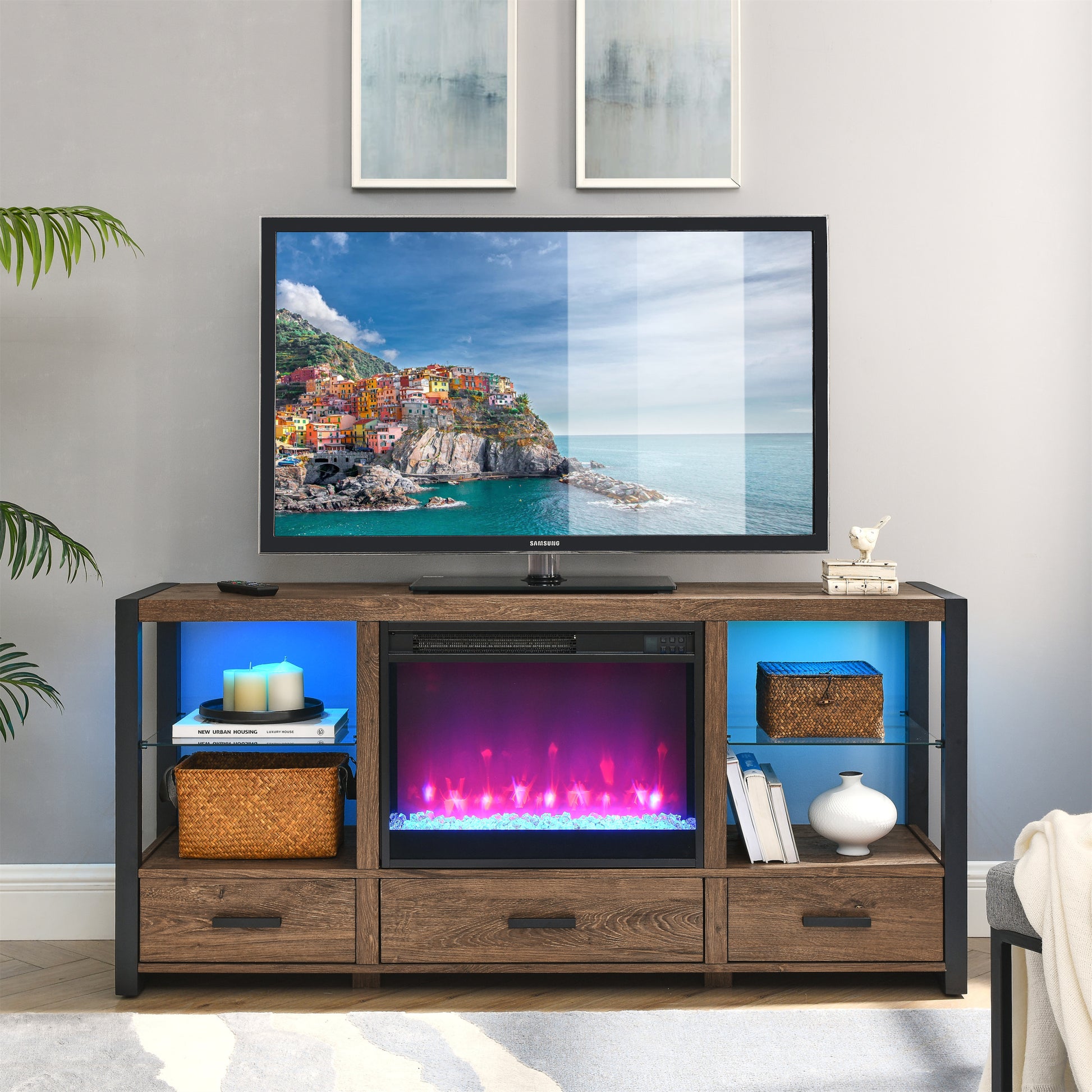 60 Inch Electric Fireplace Media Tv Stand With Sync Colorful Led Lights Reclaimed Barnwood Color Powder Coated No Electric Reclaimed Barnwood 400 Vent Free Primary Living Space Yes Insert Wood Stainless Steel Glass Electric