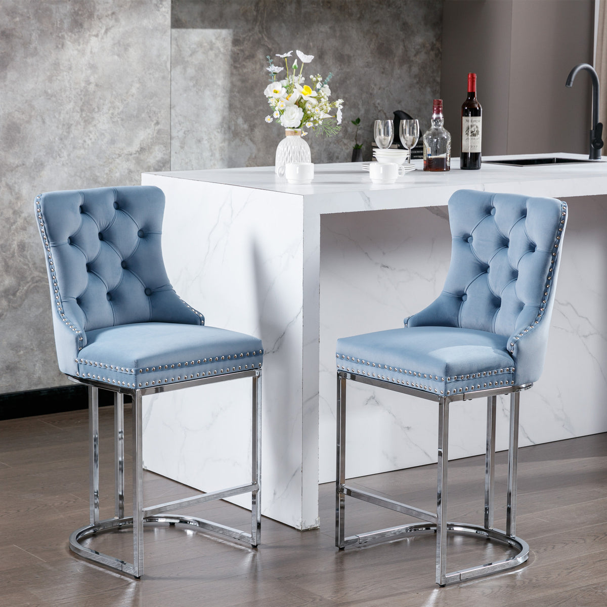26" Counter Height Bar Stools Set Of 2, Modern Velvet Barstools With Button Back&Rivet Trim Upholstered Kitchen Island Chairs With Sturdy Chromed Metal Base Legs Farmhouse Bar Stools,Light Blue,2 Pack Light Blue Dining Room American Design Foam Velvet