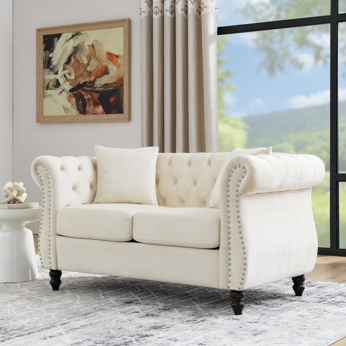 58.8" Chesterfield Sofa Beige Velvet For Living Room, 2 Seater Sofa Tufted Couch With Rolled Arms And For Living Room, Bedroom, Office, Apartment, Two Pillowsw834S00070 Beige Foam Velvet 2 Seat