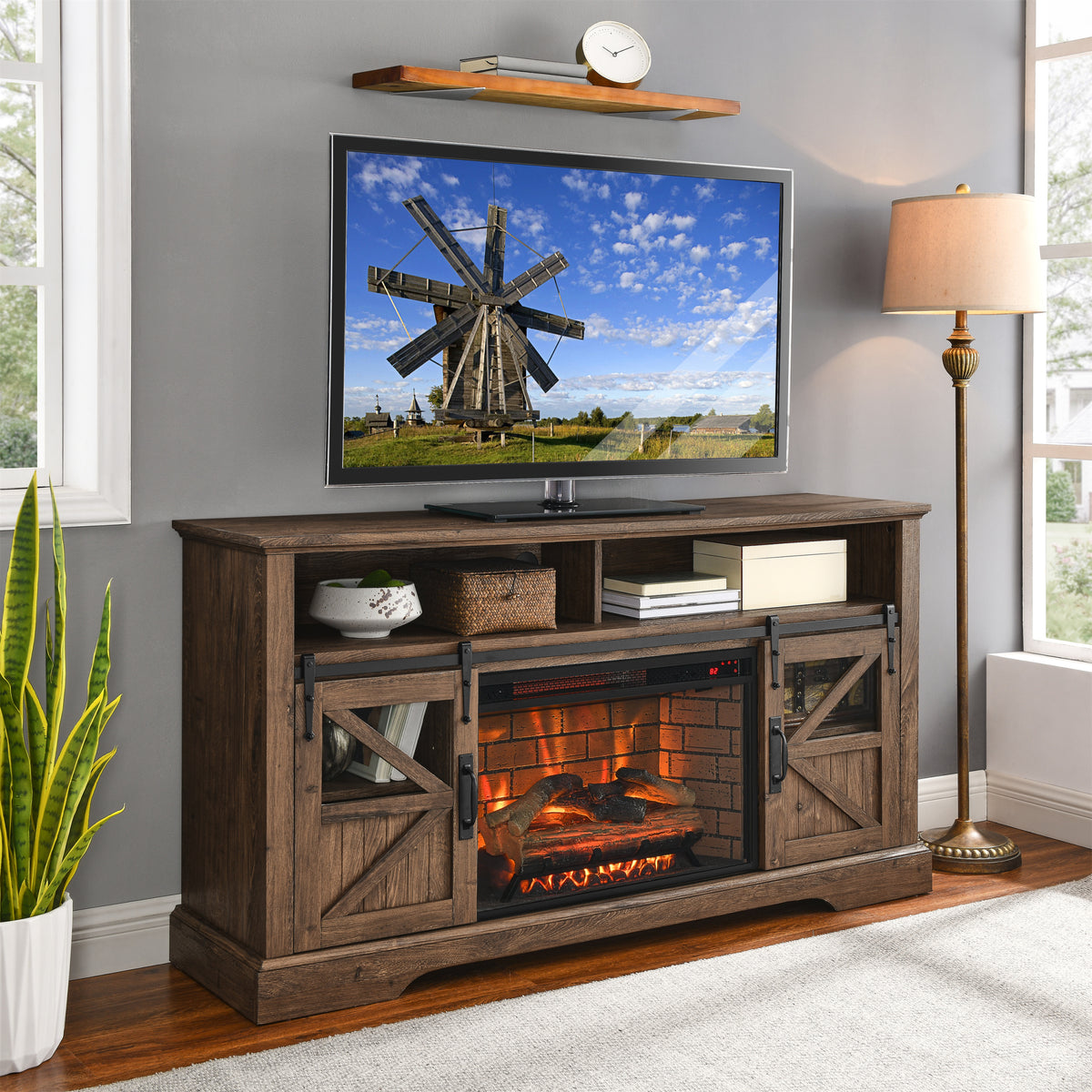 60 Inch Electric Fireplace Entertainment Center With Door Sensor Reclaimed Barnwood Color Powder Coated Electric Reclaimed Barnwood Vent Free Yes Insert Wood Stainless Steel Glass Electric