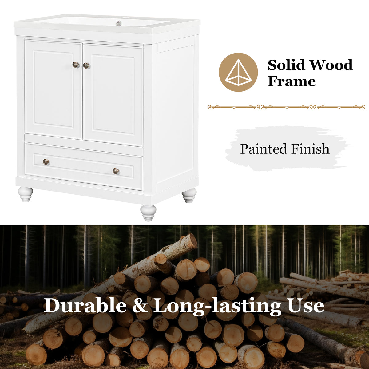 30" Bathroom Vanity With Sink, Combo, Cabinet With Doors And Drawer, Solid Frame And Mdf Board, White White Solid Wood Mdf