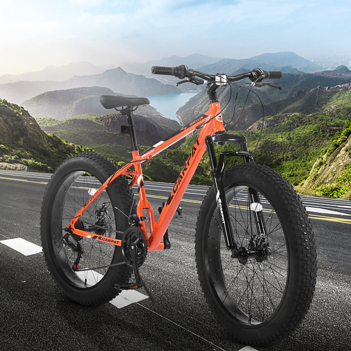 S26109 26 Inch Fat Tire Bike Adult Youth Full Shimano 21 Speed Mountain Bike, Dual Disc Brake, High Carbon Steel Frame, Front Suspension, Mountain Trail Bike, Urban Commuter City Bicycle Cycling Orange Without Anti Slip Garden & Outdoor American Design