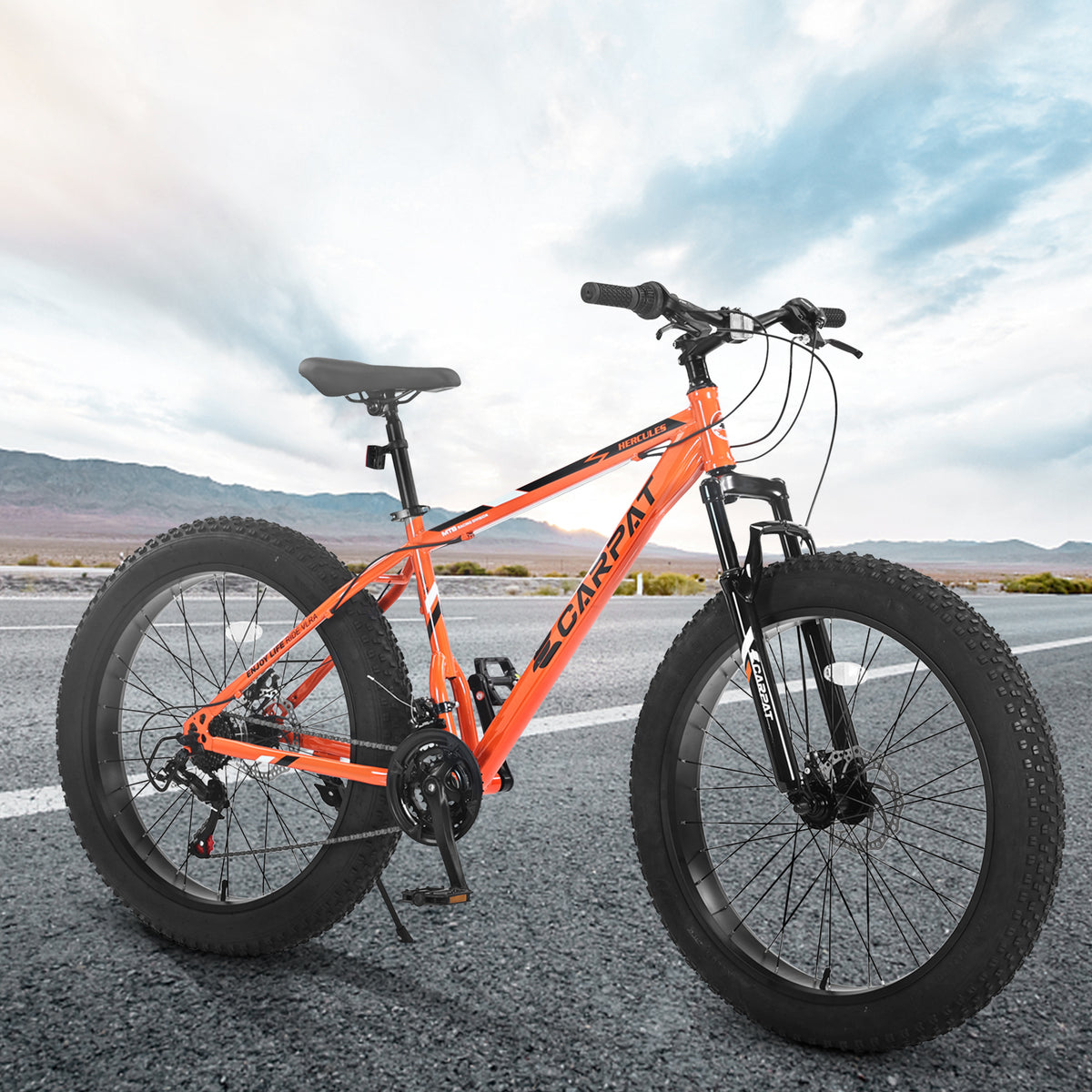 S26109 26 Inch Fat Tire Bike Adult Youth Full Shimano 21 Speed Mountain Bike, Dual Disc Brake, High Carbon Steel Frame, Front Suspension, Mountain Trail Bike, Urban Commuter City Bicycle Cycling Orange Without Anti Slip Garden & Outdoor American Design