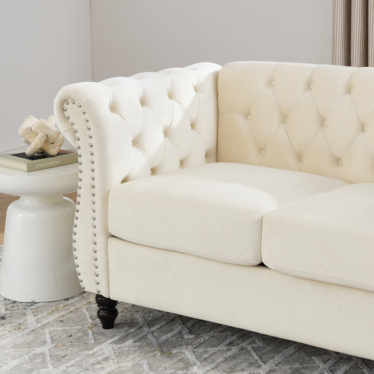 58.8" Chesterfield Sofa Beige Velvet For Living Room, 2 Seater Sofa Tufted Couch With Rolled Arms And For Living Room, Bedroom, Office, Apartment, Two Pillowsw834S00070 Beige Foam Velvet 2 Seat