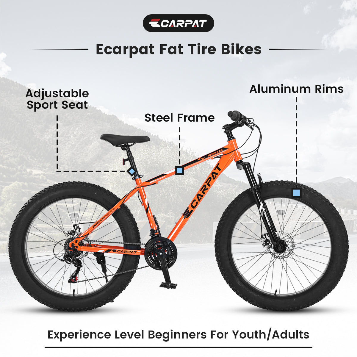 S26109 26 Inch Fat Tire Bike Adult Youth Full Shimano 21 Speed Mountain Bike, Dual Disc Brake, High Carbon Steel Frame, Front Suspension, Mountain Trail Bike, Urban Commuter City Bicycle Cycling Orange Without Anti Slip Garden & Outdoor American Design