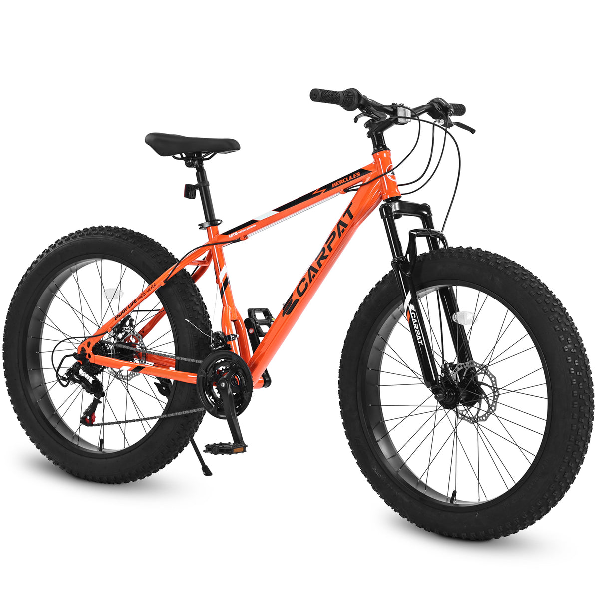 S26109 26 Inch Fat Tire Bike Adult Youth Full Shimano 21 Speed Mountain Bike, Dual Disc Brake, High Carbon Steel Frame, Front Suspension, Mountain Trail Bike, Urban Commuter City Bicycle Cycling Orange Without Anti Slip Garden & Outdoor American Design