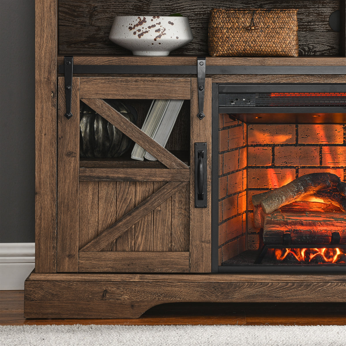 60 Inch Electric Fireplace Entertainment Center With Door Sensor Reclaimed Barnwood Color Powder Coated Electric Reclaimed Barnwood Vent Free Yes Insert Wood Stainless Steel Glass Electric
