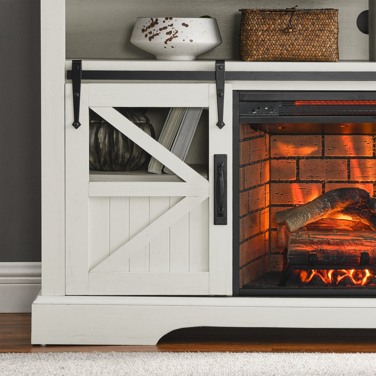 60 Inch Electric Fireplace Entertainment Center With Door Sensor Jasmine White Color Powder Coated Electric Jasmine White Vent Free Yes Insert Wood Stainless Steel Glass Electric