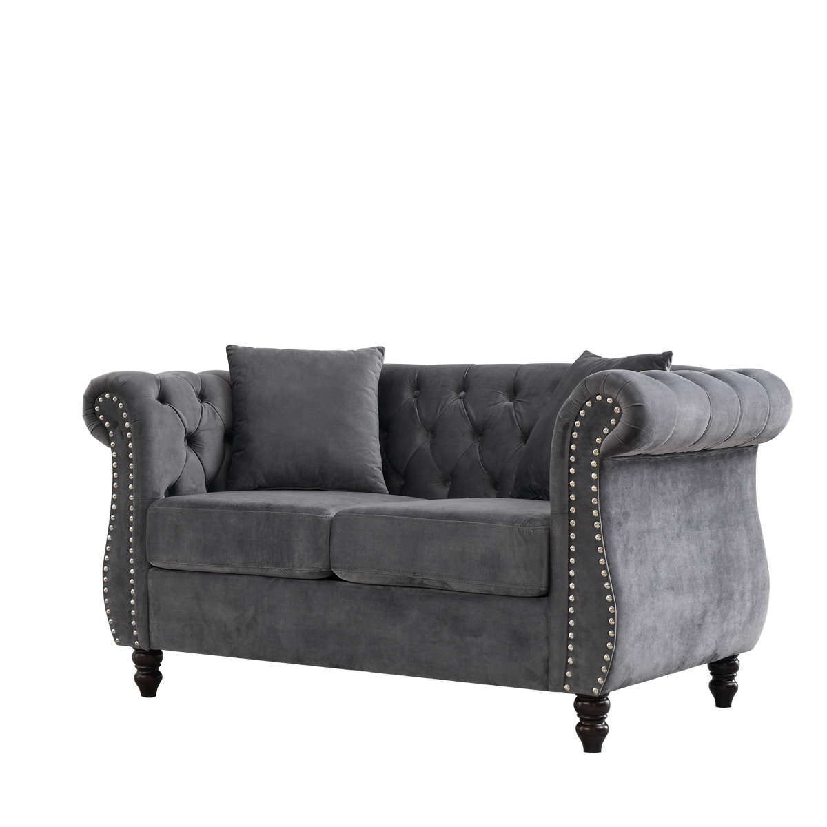 58.8" Chesterfield Sofa Grey Velvet For Living Room, 2 Seater Sofa Tufted Couch With Rolled Arms And For Living Room, Bedroom, Office, Apartment, Two Pillowsw834S00069 Grey Foam Velvet