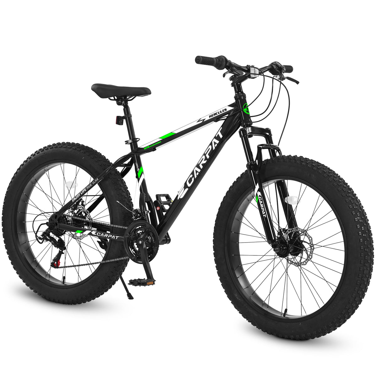 S26109 26 Inch Fat Tire Bike Adult Youth Full Shimano 21 Speed Mountain Bike, Dual Disc Brake, High Carbon Steel Frame, Front Suspension, Mountain Trail Bike, Urban Commuter City Bicycle Cycling Black Without Anti Slip Garden & Outdoor American Design