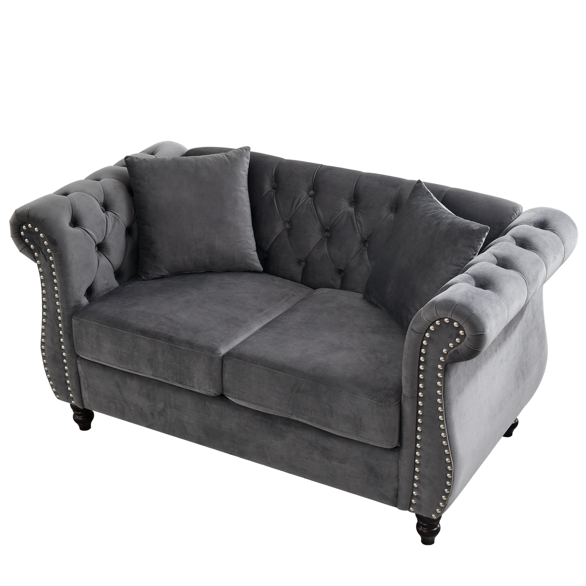 58.8" Chesterfield Sofa Grey Velvet For Living Room, 2 Seater Sofa Tufted Couch With Rolled Arms And For Living Room, Bedroom, Office, Apartment, Two Pillowsw834S00069 Grey Foam Velvet