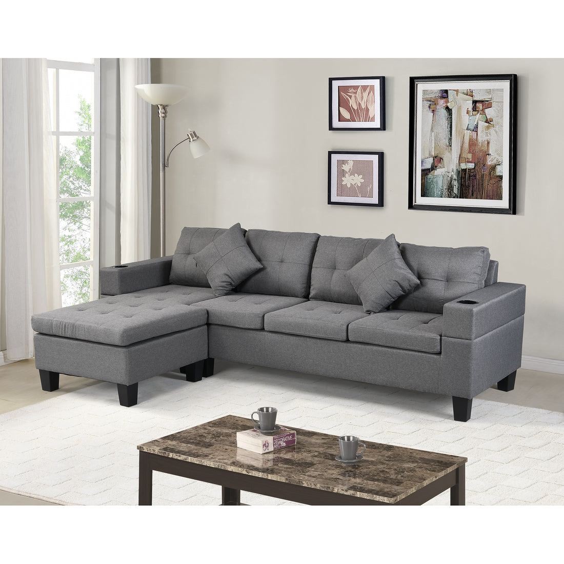Sectional Sofa Set For Living Room With L Shape Chaise Lounge ,Cup Holder And Left Or Right Hand Chaise Modern 4 Seat Grey Fabric