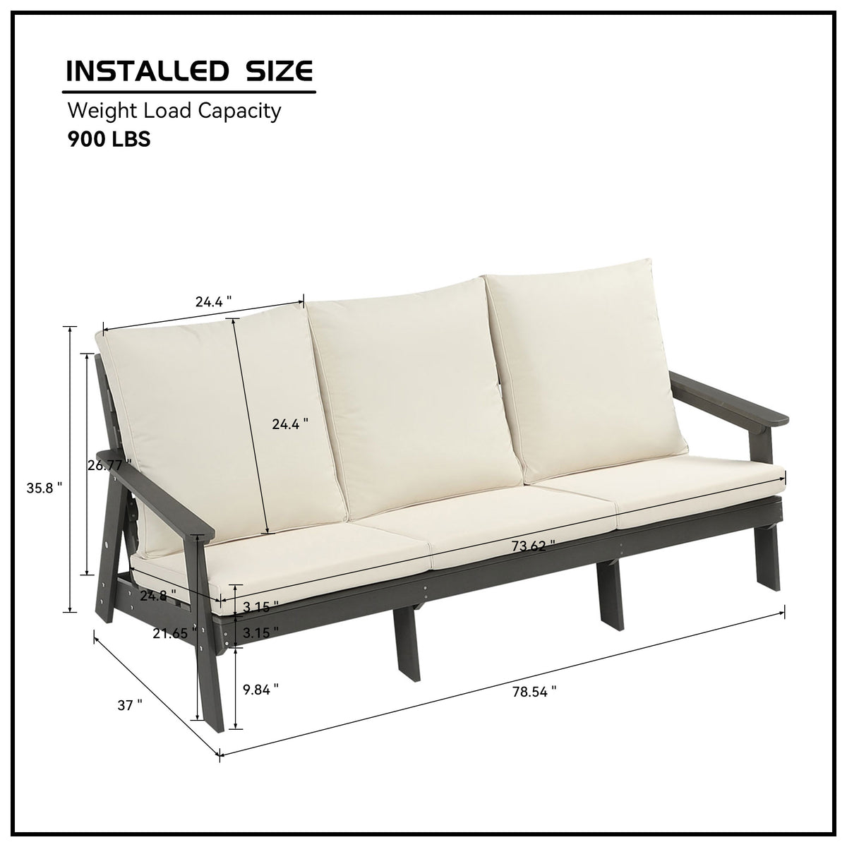 Hips 3 Seater Sofa With Cushion, Outdoor Garden Sofa, Sofa Set For Porch, Poolside, Terrace, And Yard Grey Beige Grey Hdpe