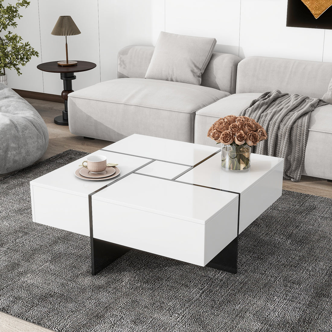 Unique Design Coffee Table With 4 Hidden Storage Compartments, Square Cocktail Table With Extendable Sliding Tabletop, Uv High Gloss Design Center Table For Living Room, 31.5"X 31.5" White Soft Close Drawers Primary Living Space Freestanding Square